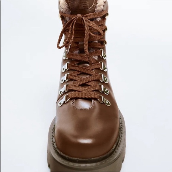 Zara pure leather Chocolate Lace-Up Boots with Shearling - Picture 4 of 4